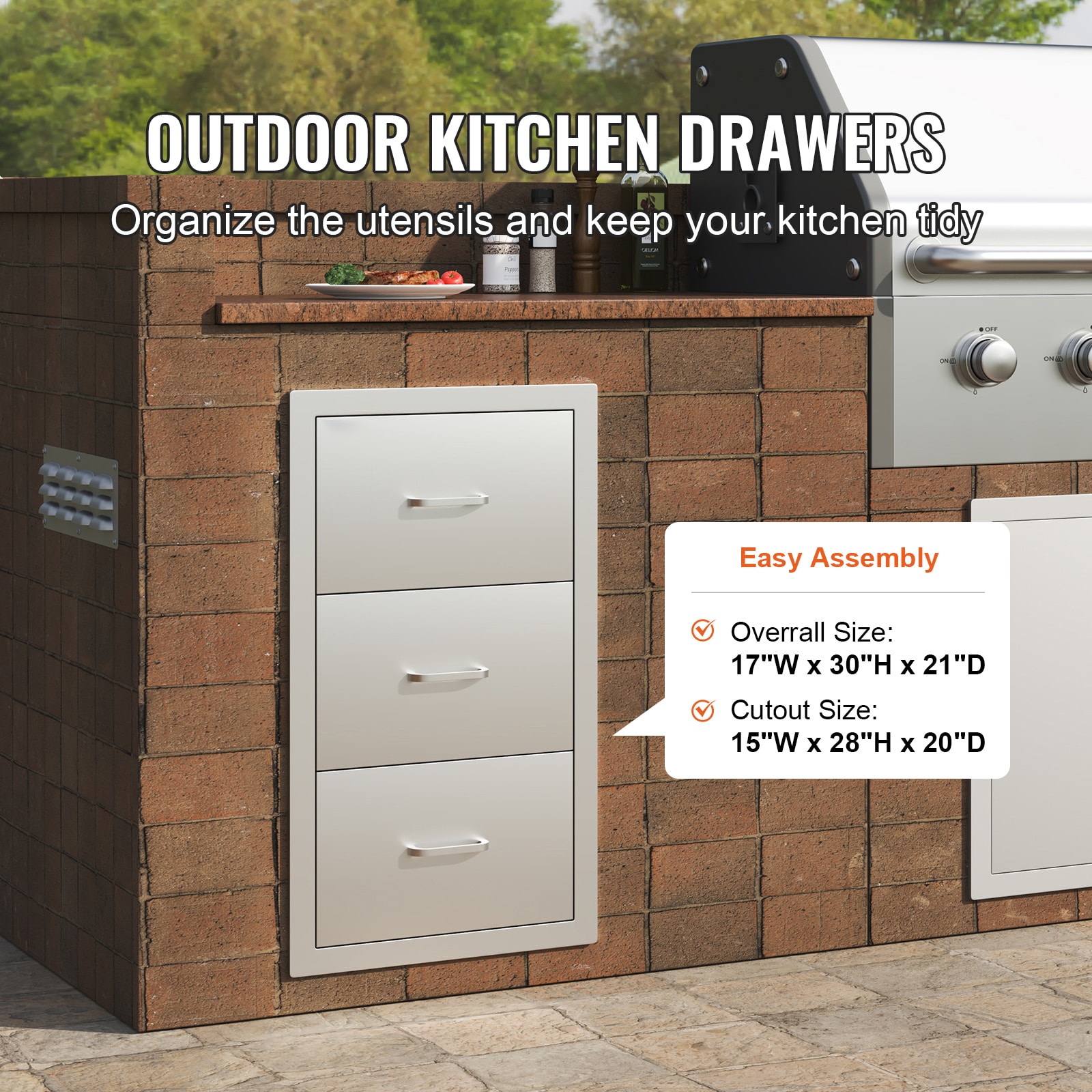 17W X 30H X 21D Inch Outdoor Kitchen Stainless Steel Double Access Drawers With Paper Towel Holder Combo For BBQ Island Or Grill Station_maomaolike.com